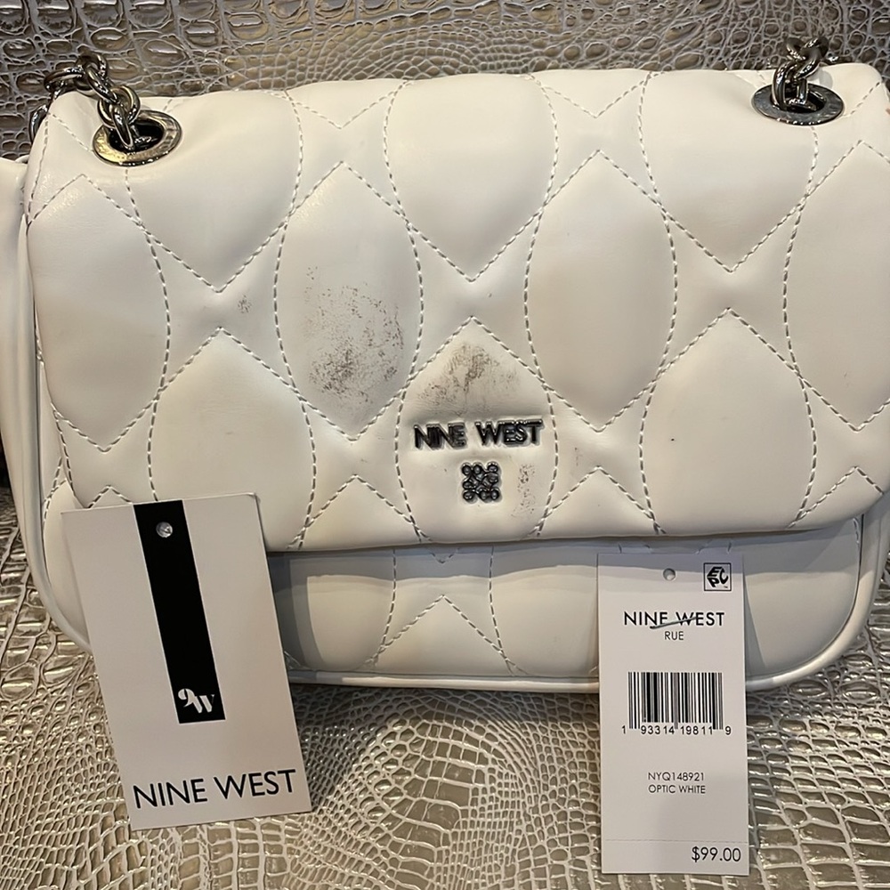 Nine West White Quilted Chain-Handle Crossbody Bag